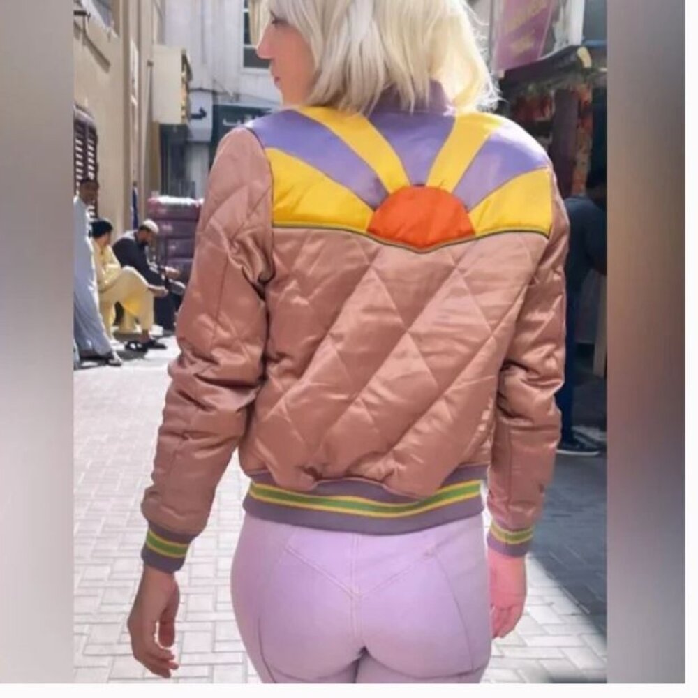 Quilted Satin Bomber Jacket with Sunrise Back Detail - Pink & Yellow